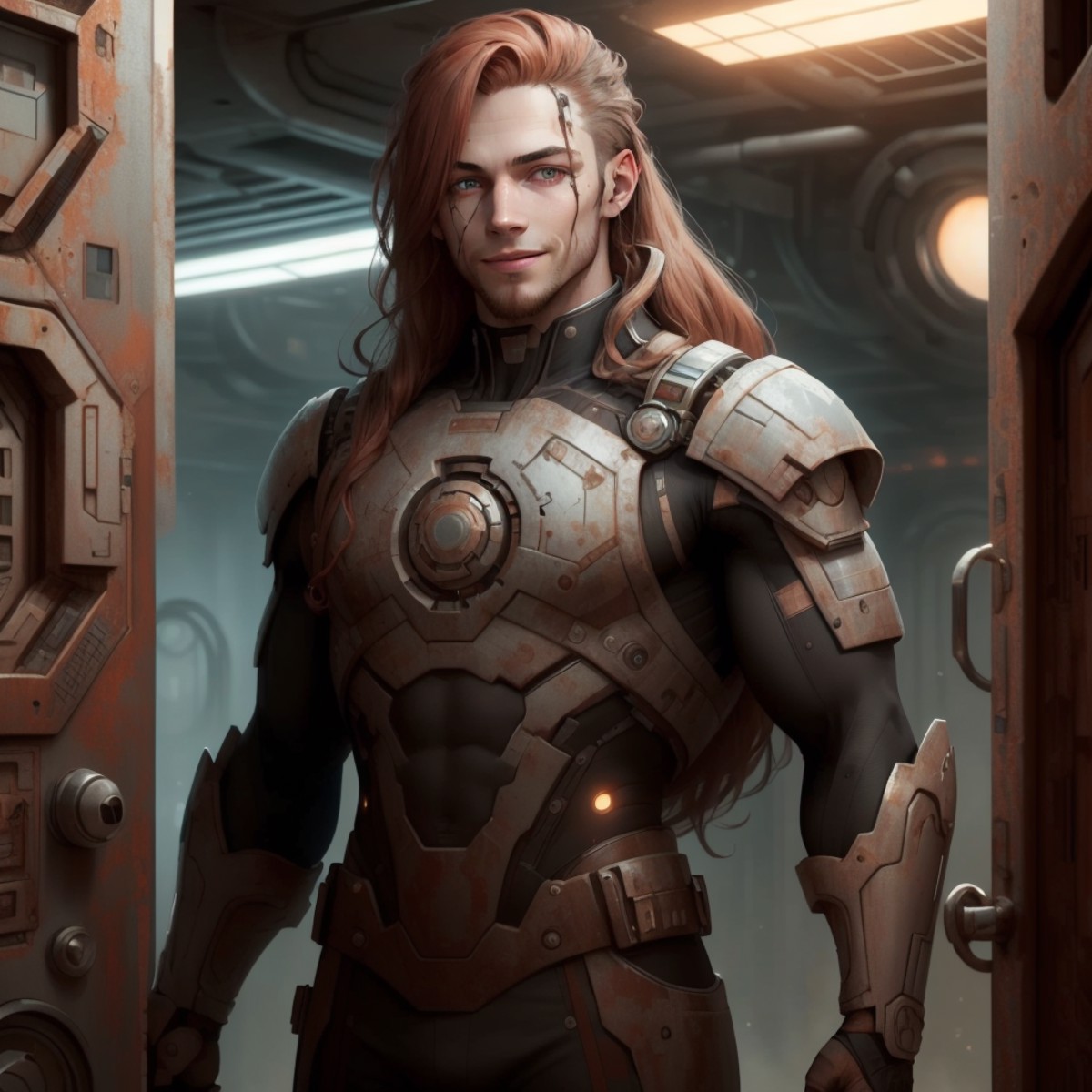 10249-13246-,oxidetech ,scifi,rusty steel, junker , _scholar , scroll, 1boy,long hair, red hair, glowing eyes, smile ,closed mouth,man.png